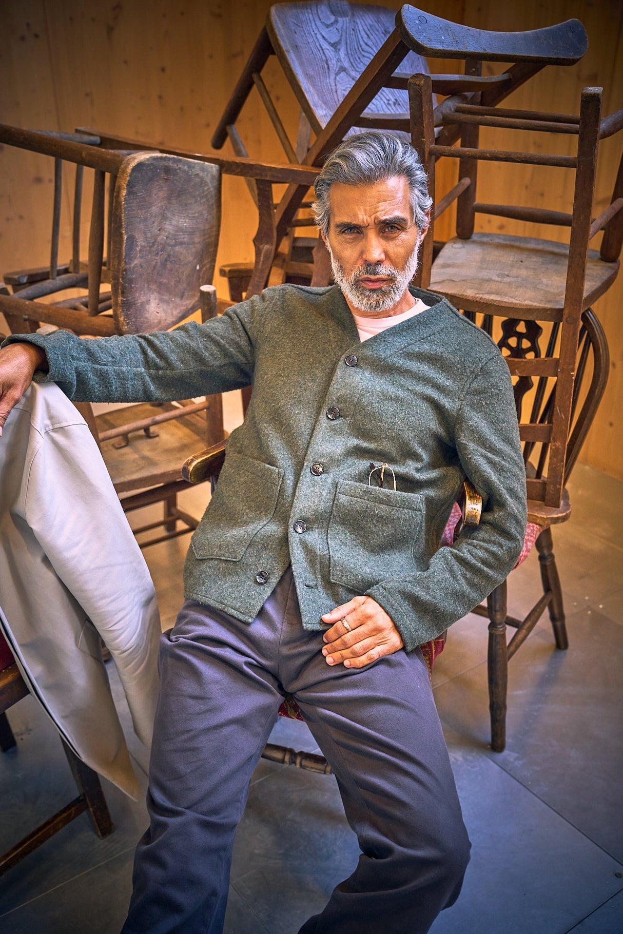 Fleming V-Neck Shacket - Olive Casentino Wool