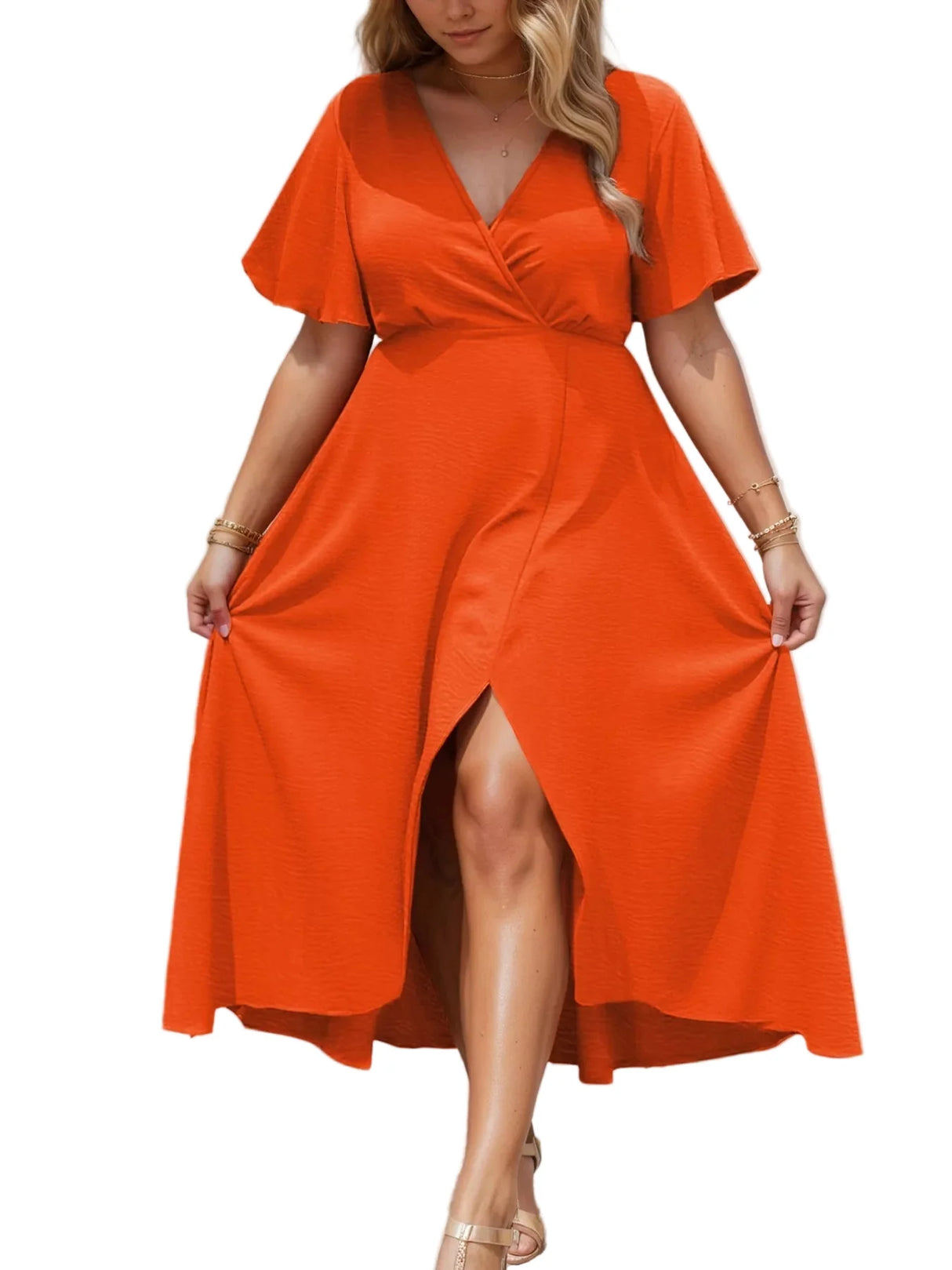 Plus Size Surplice Flutter Sleeve Dress