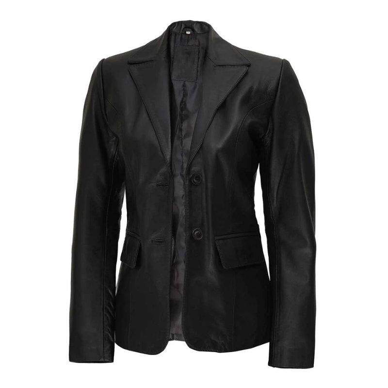 Women's Two Button Black Lambskin Leather Blazer Jacket | Black