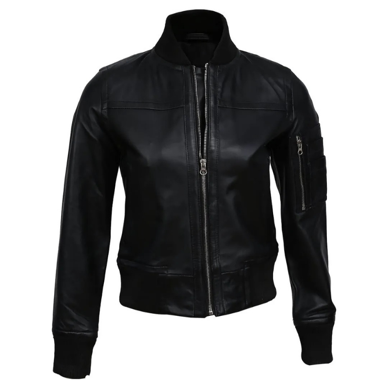 Women's Real Sheep Leather Motorcycle Bomber Jacket | Black