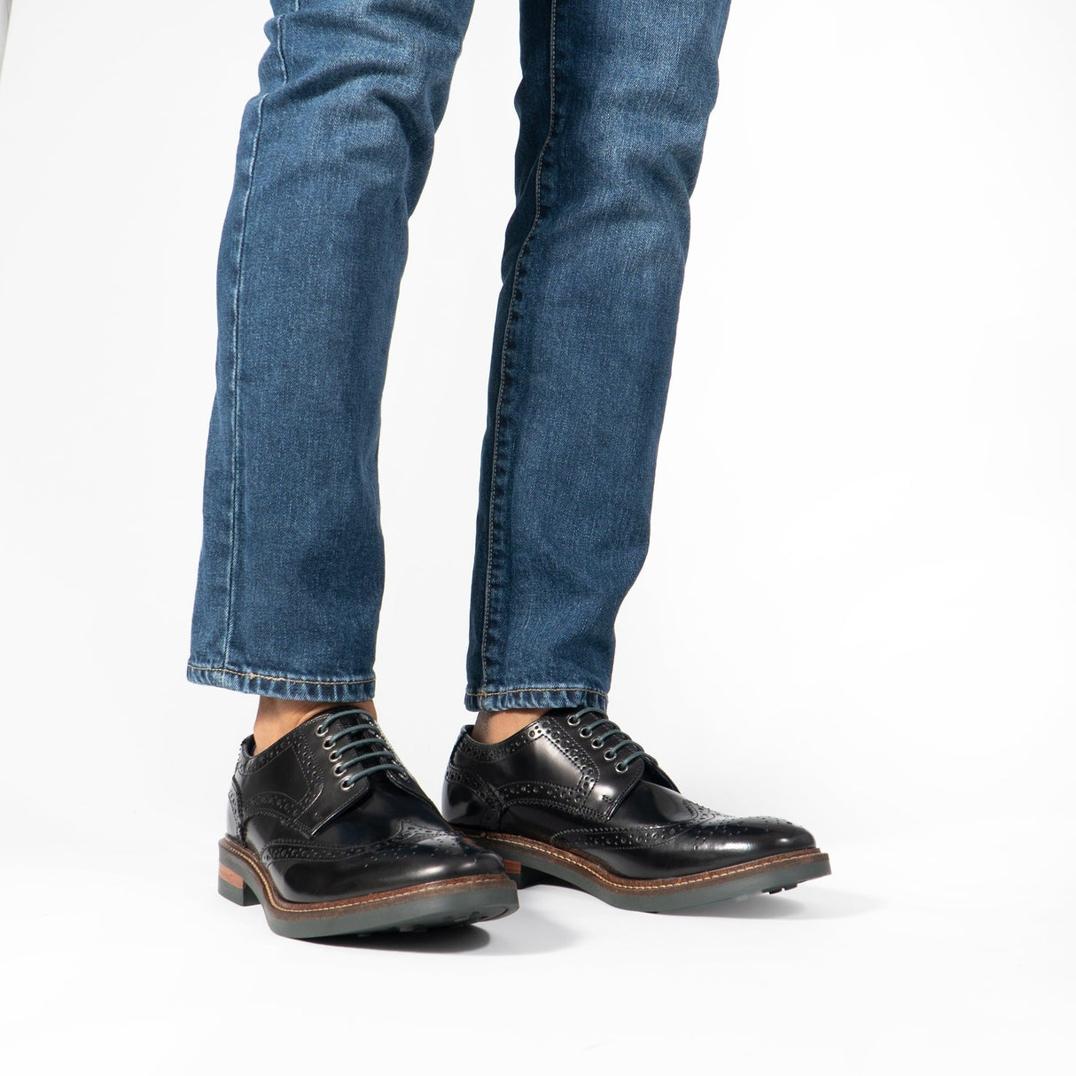 Base London WOBURN Mens Polished Leather Brogue Shoes Black