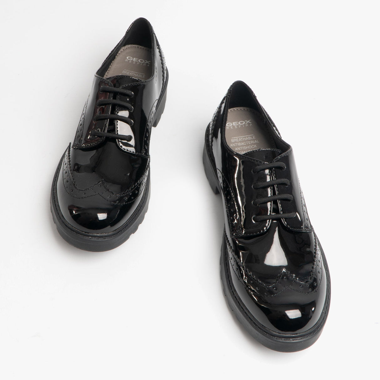 GEOX JR CASEY Girls Patent Brogue School Shoes Black