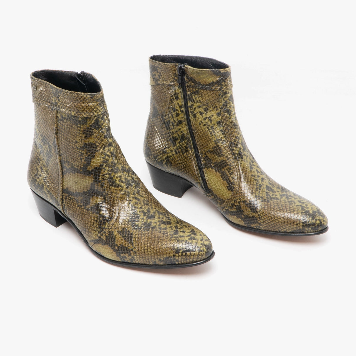 Club Cubano EMMANUEL Mens Snakeprint Leather Cuban Heel Boots Musgo