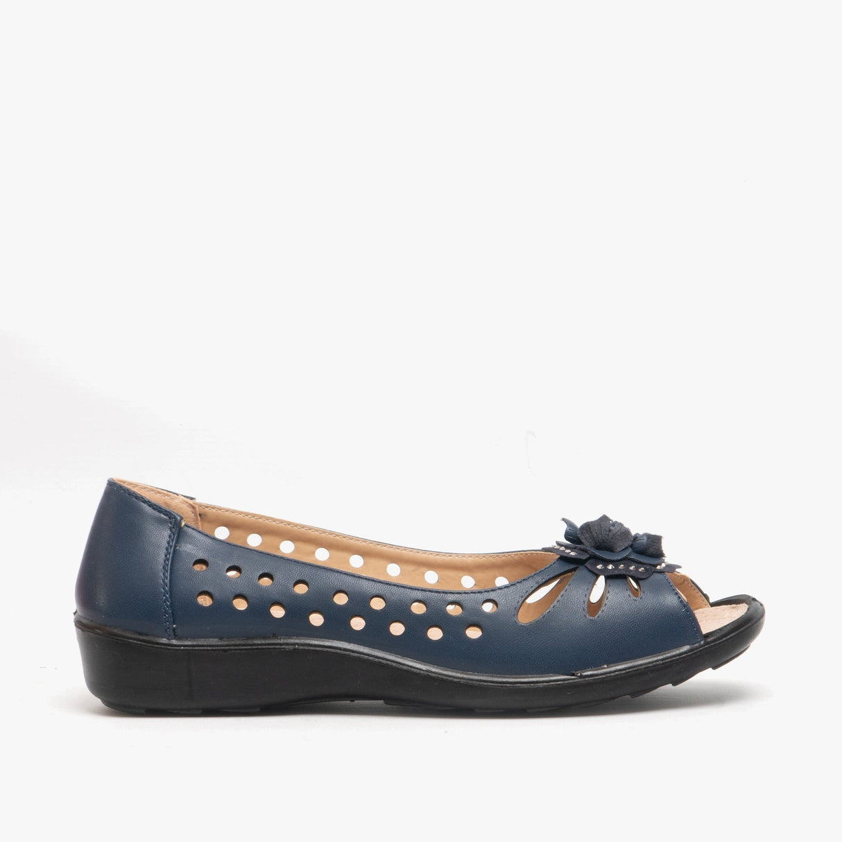 Boulevard DAYNA Womens Faux Leather Flower Peep Toe Flats Navy