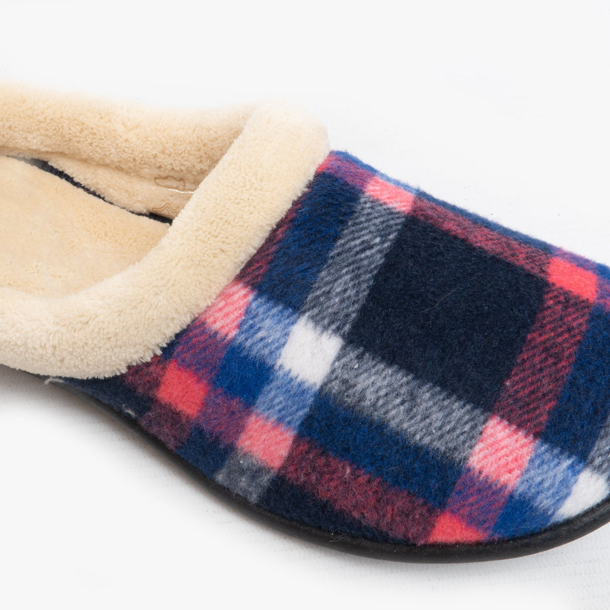 HOS Comfort SOPHIE Womens Teddy Lined Checked Mules Navy