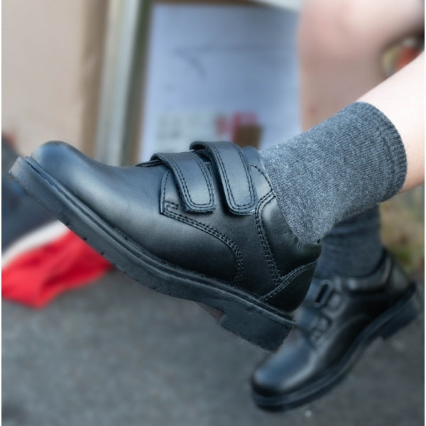 CHARLES Boys Leather Touch Fasten Shoes Black