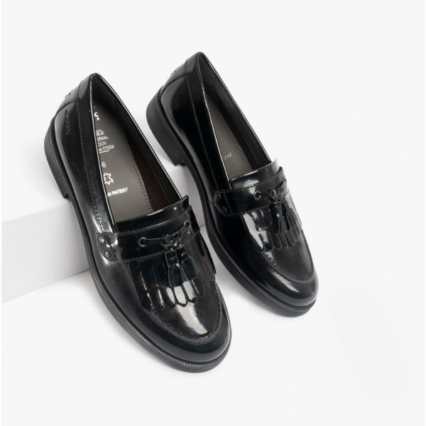 GEOX JR AGATA Girls Moccasin Tassel School Shoes Patent Black