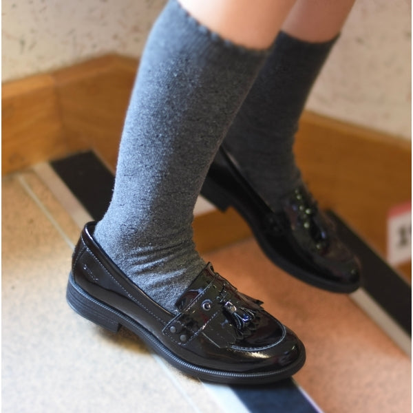 GEOX JR AGATA Girls Moccasin Tassel School Shoes Patent Black