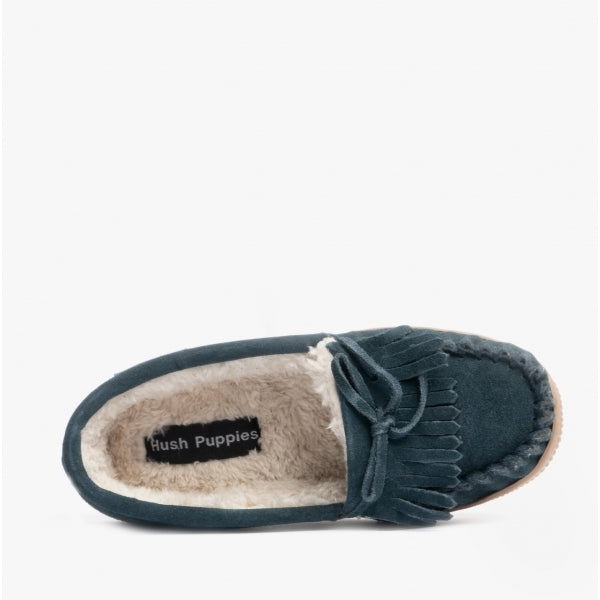 Hush Puppies ADDY Womens Suede Moccasin Slippers Navy