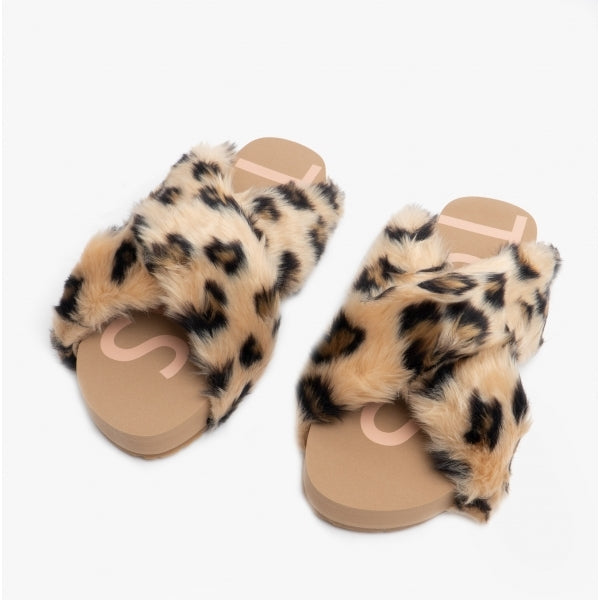 TOMS SUSIE Womens Faux Fur Mule Slippers Natural/Leopard