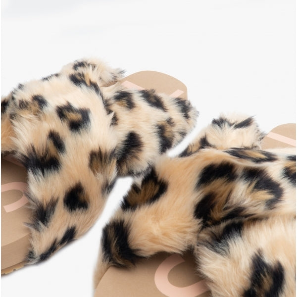 TOMS SUSIE Womens Faux Fur Mule Slippers Natural/Leopard