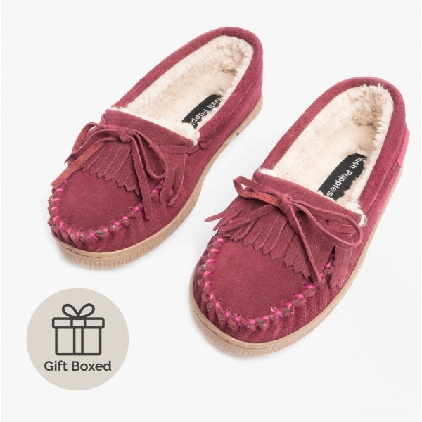 Hush Puppies ADDY Womens Suede Moccasin Slippers Burgundy