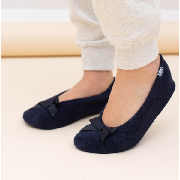 Totes Isotoner STRETCH TERRY BOW Womens Ballerina Slippers Navy