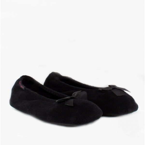 Totes Isotoner STRETCH TERRY BOW Womens Ballerina Slippers Black