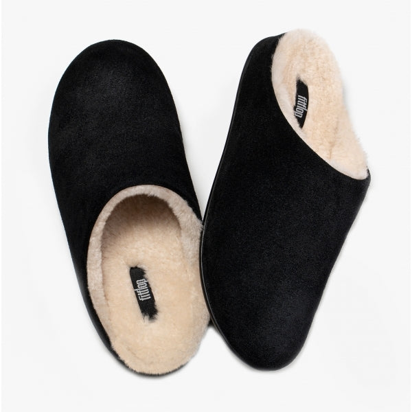 FitFlop CHRISSIE SHEARLING Womens Suede Mule Slippers Black