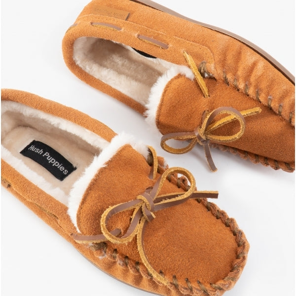 Hush Puppies ADDISON Kids Suede Moccasin Slippers Tan