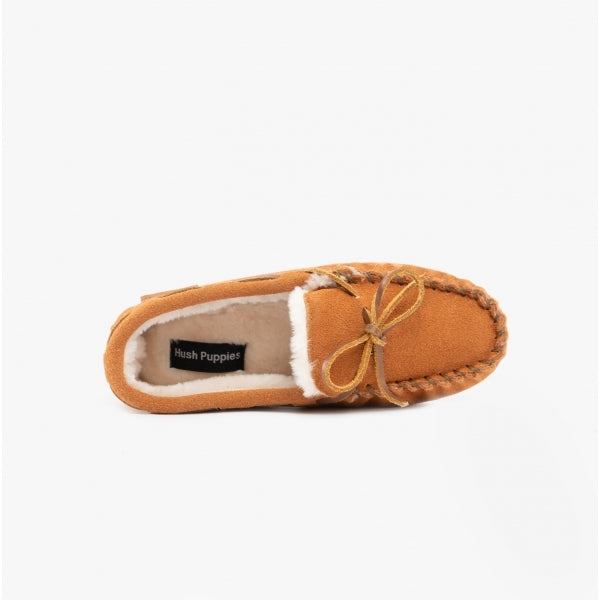 Hush Puppies ADDISON Kids Suede Moccasin Slippers Tan