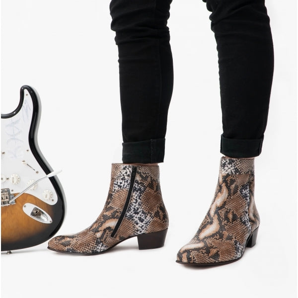 Club Cubano EMMANUEL Mens Snakeprint Leather Cuban Heel Boots Hielo