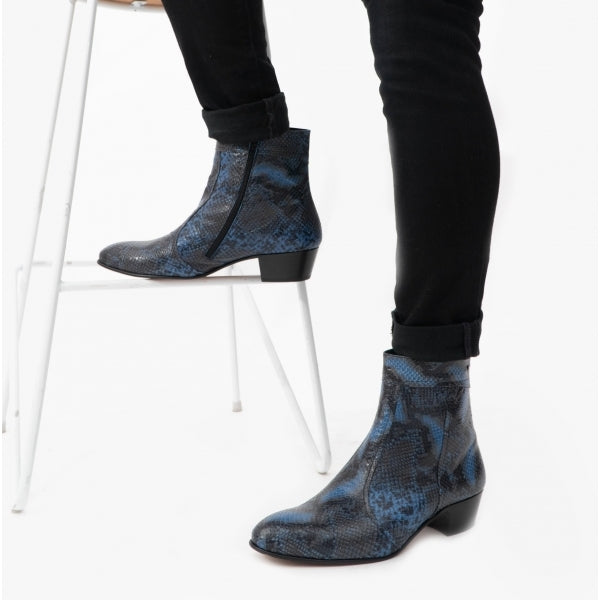 Club Cubano EMMANUEL Mens Snakeprint Leather Cuban Heel Boots Azul