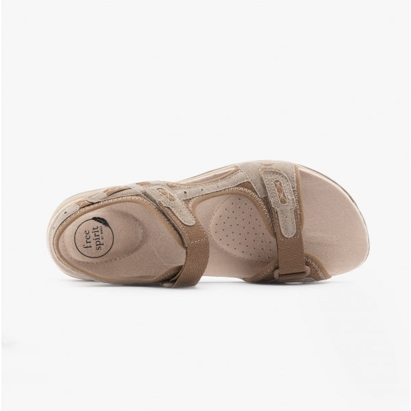 Free Spirit FRISCO Womens Leather Touch Fasten Sandals Toffee