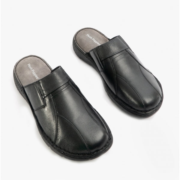 Hush Puppies CARSON Mens Leather Mule Slippers Black