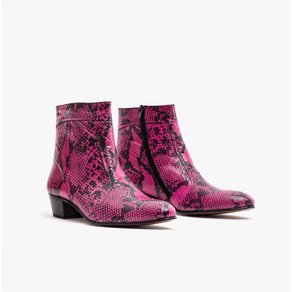 Club Cubano EMMANUEL Mens Snakeprint Leather Cuban Heel Boots Neon Magenta