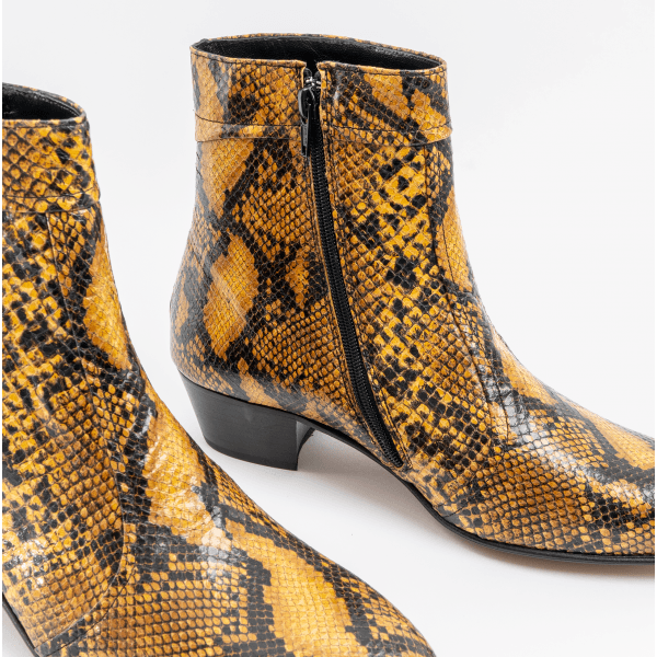 Club Cubano EMMANUEL Mens Snakeprint Leather Cuban Heel Boots Amarillo