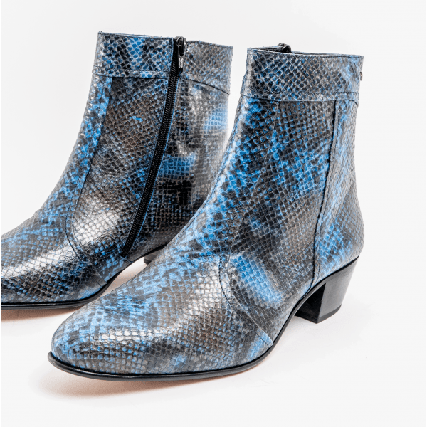 Club Cubano EMMANUEL Mens Snakeprint Leather Cuban Heel Boots Azul