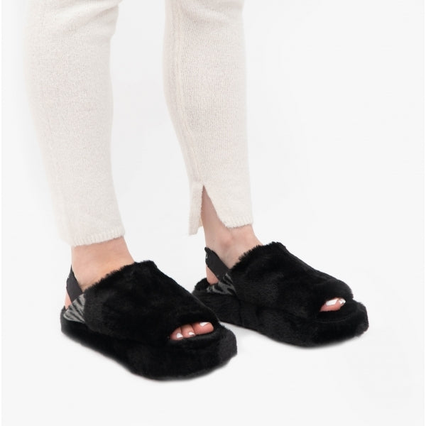 TOMS SOFIA Womens Faux Fur Slippers Black
