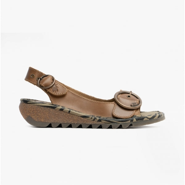 Fly London TRAM Womens Leather Buckle Slingback Wedge Heeled Sandals Camel