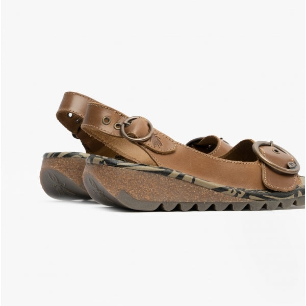 Fly London TRAM Womens Leather Buckle Slingback Wedge Heeled Sandals Camel