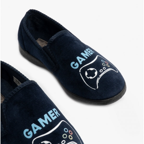 Zedzzz GAMER Boys Velour Full Slippers Navy Blue