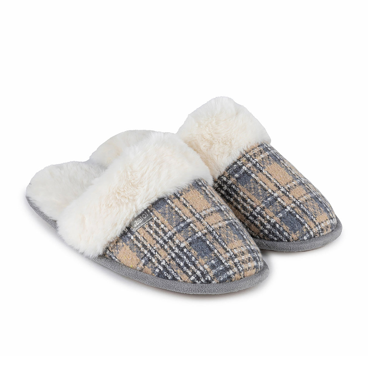 Totes Isotoner BRUSHED CHECK Womens Mule Slippers Grey