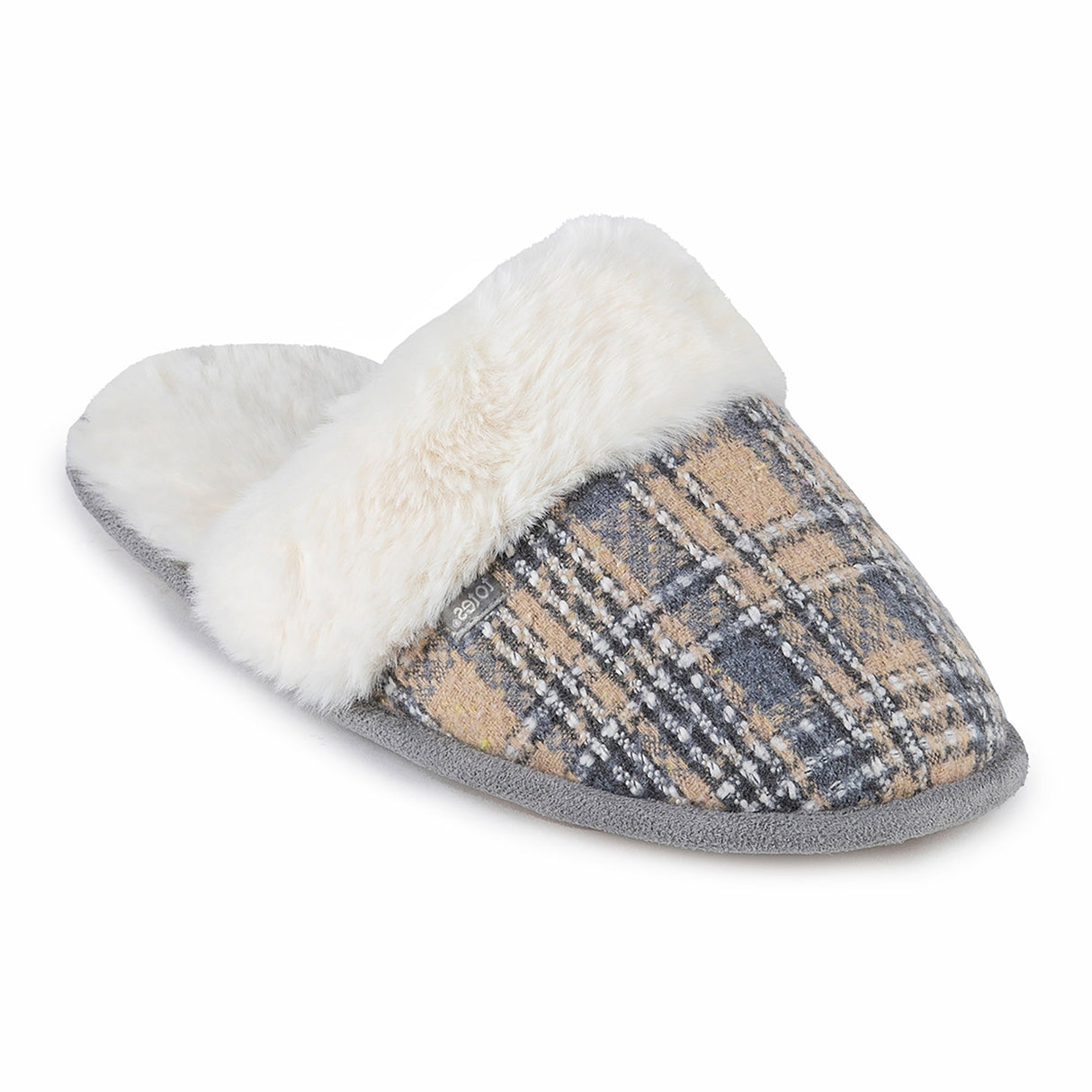 Totes Isotoner BRUSHED CHECK Womens Mule Slippers Grey
