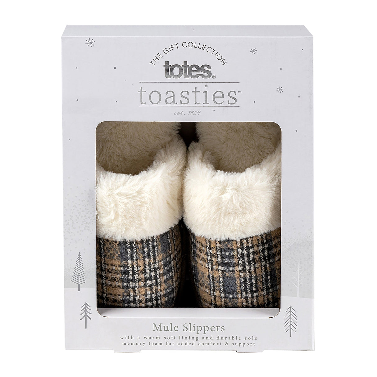 Totes Isotoner BRUSHED CHECK Womens Mule Slippers Grey
