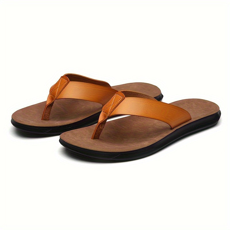 Men's Solid Thong Sandals With Microfiber Leather Uppers, Casual Non Slip Flip-flops Sandal