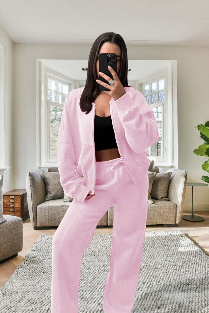 Women's Oversized Fleece Bomber Tracksuit Zipper Jacket & Wide-Leg Pants Set