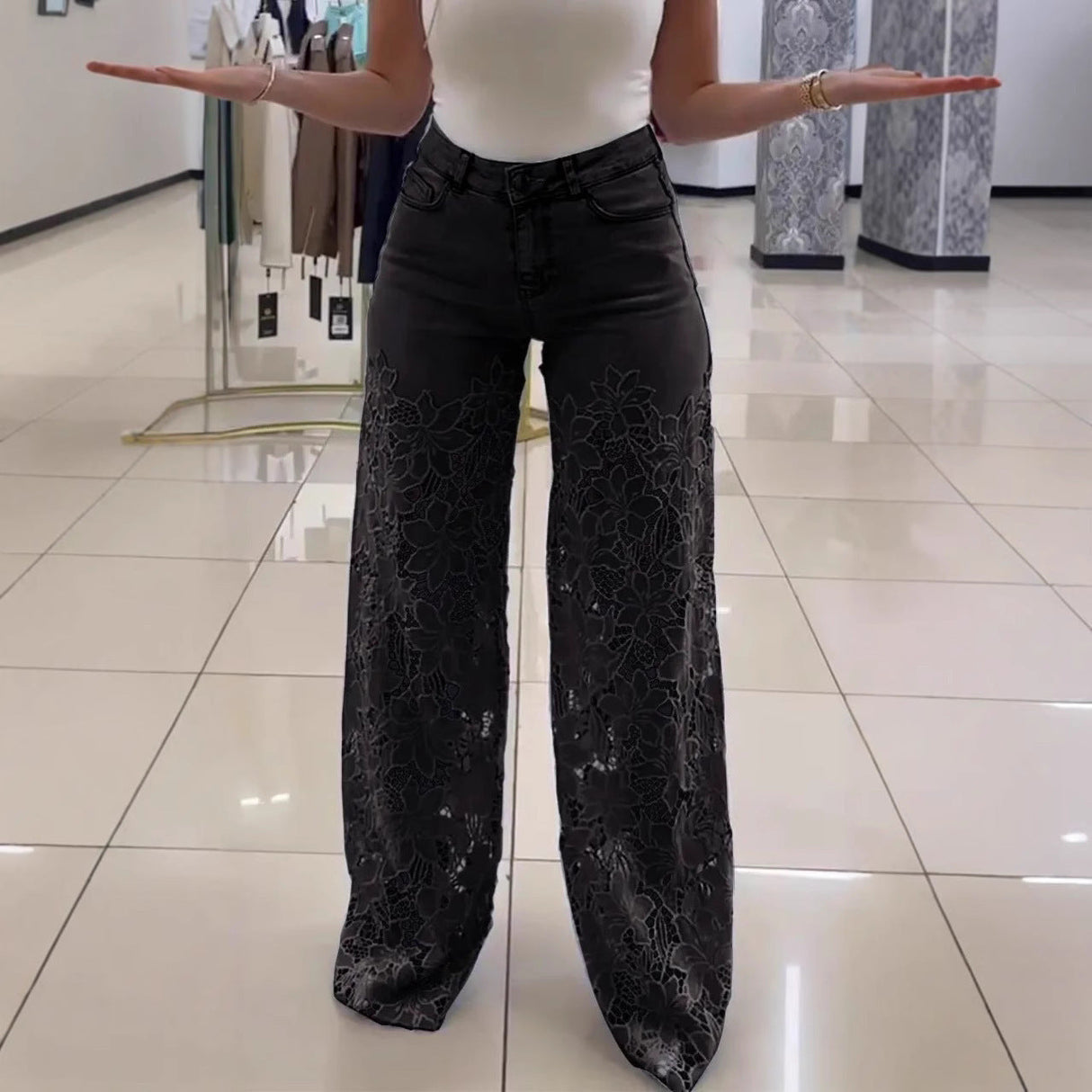Women's Y2K High Waist Lace Hollow Out Wide Leg Jeans Floral Straight Leg Denim Trousers