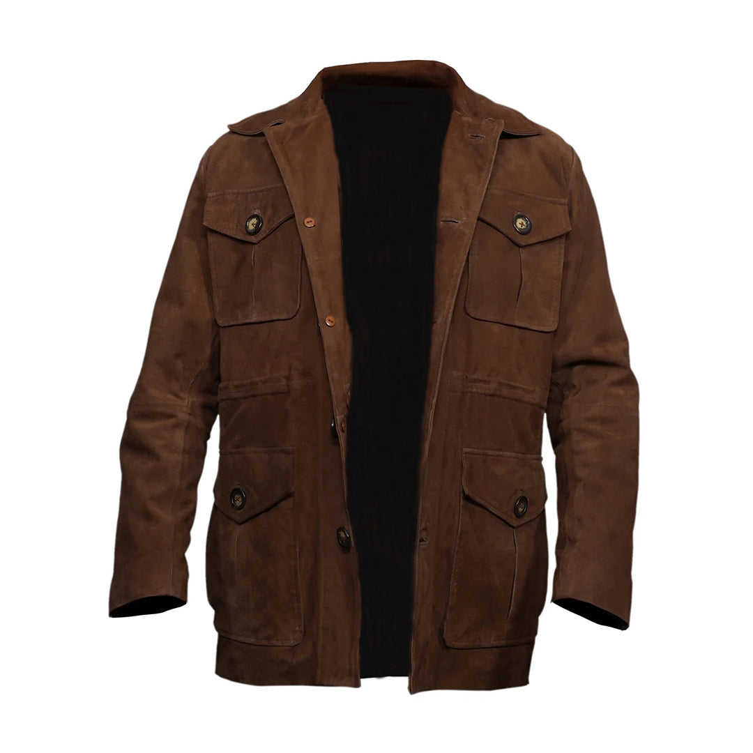 Men's Suede Leather Blazer Coat Multiple Pockets | Brown