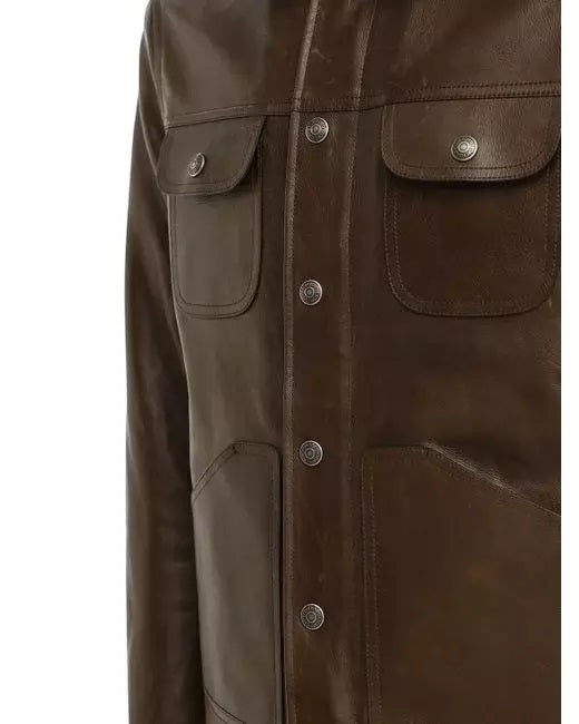 Men's Shiny Leather Jacket with Shearling Collar | Shiny Brown