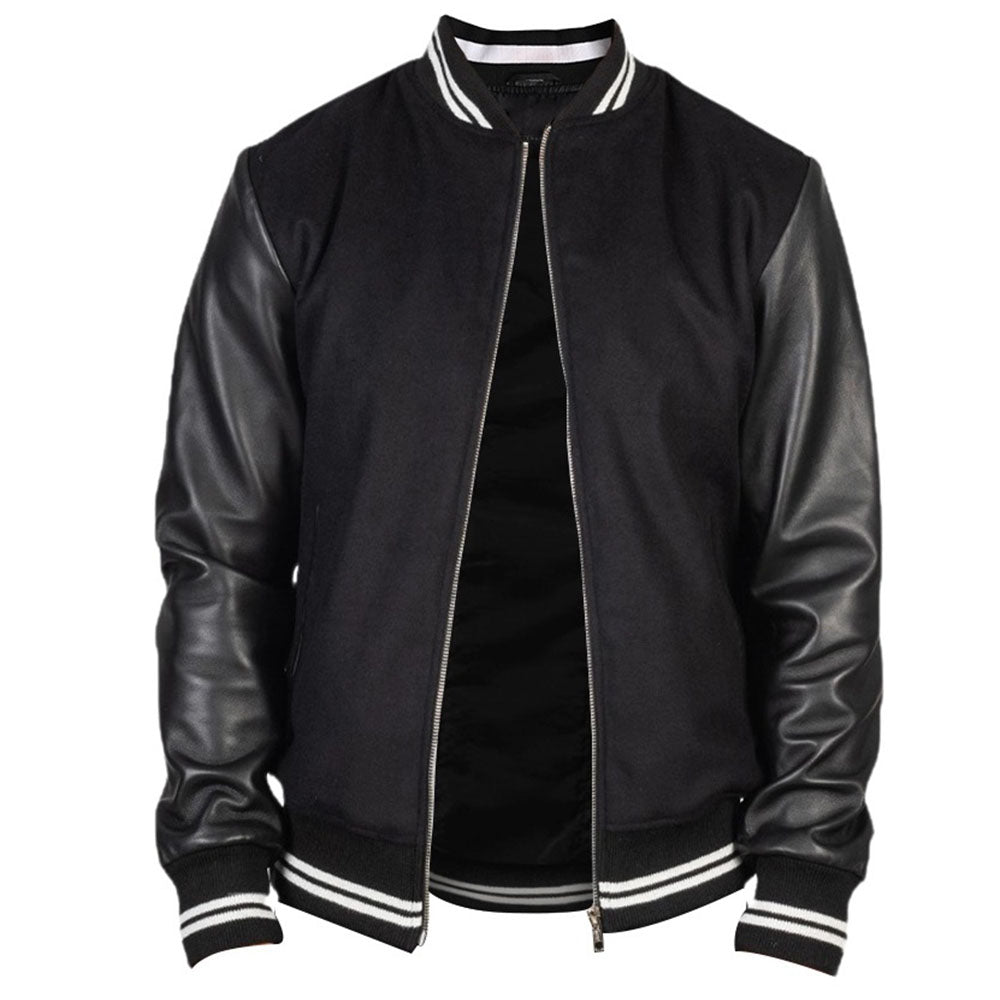 Men's Harrington Bomber Leather Varsity Style Jacket | Black
