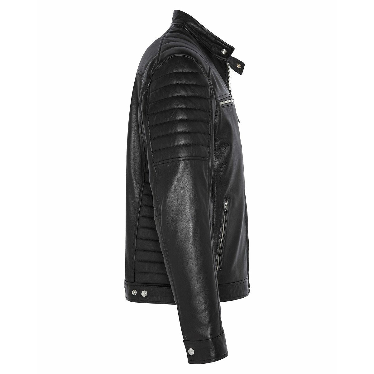 Men's Leather Jacket with Zippers and Quilted Shoulder | Black