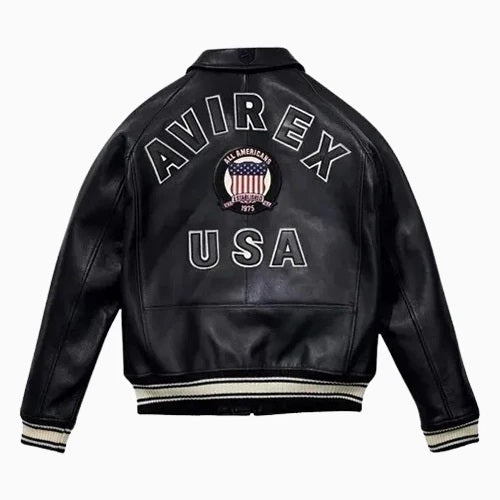 Men's Avirex Real Leather Jacket, Black Flight Bomber, American Varsity Style | Black
