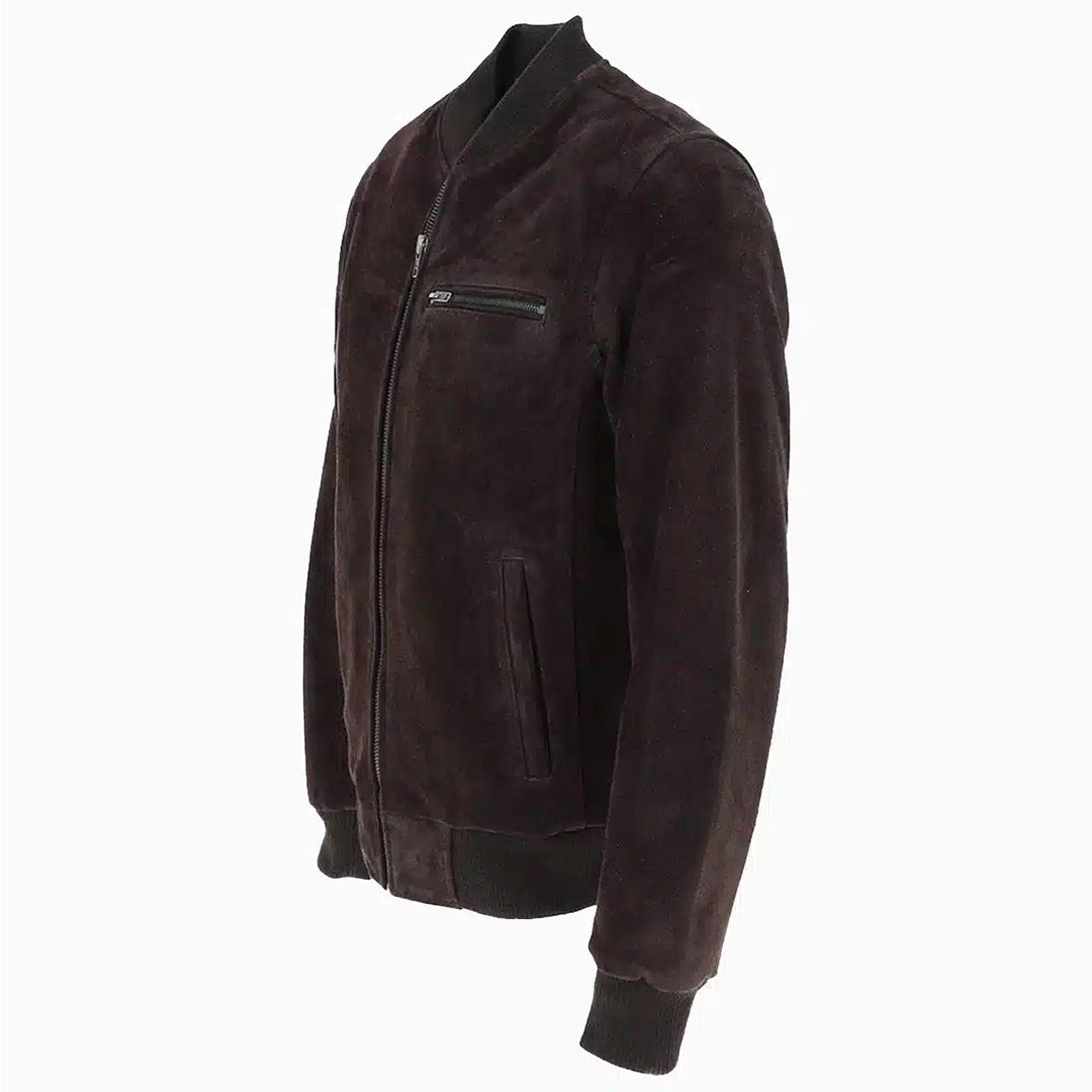 Men's Suede Bomber Jacket Leather, Full Zip Front with Chest Pocket | Brown