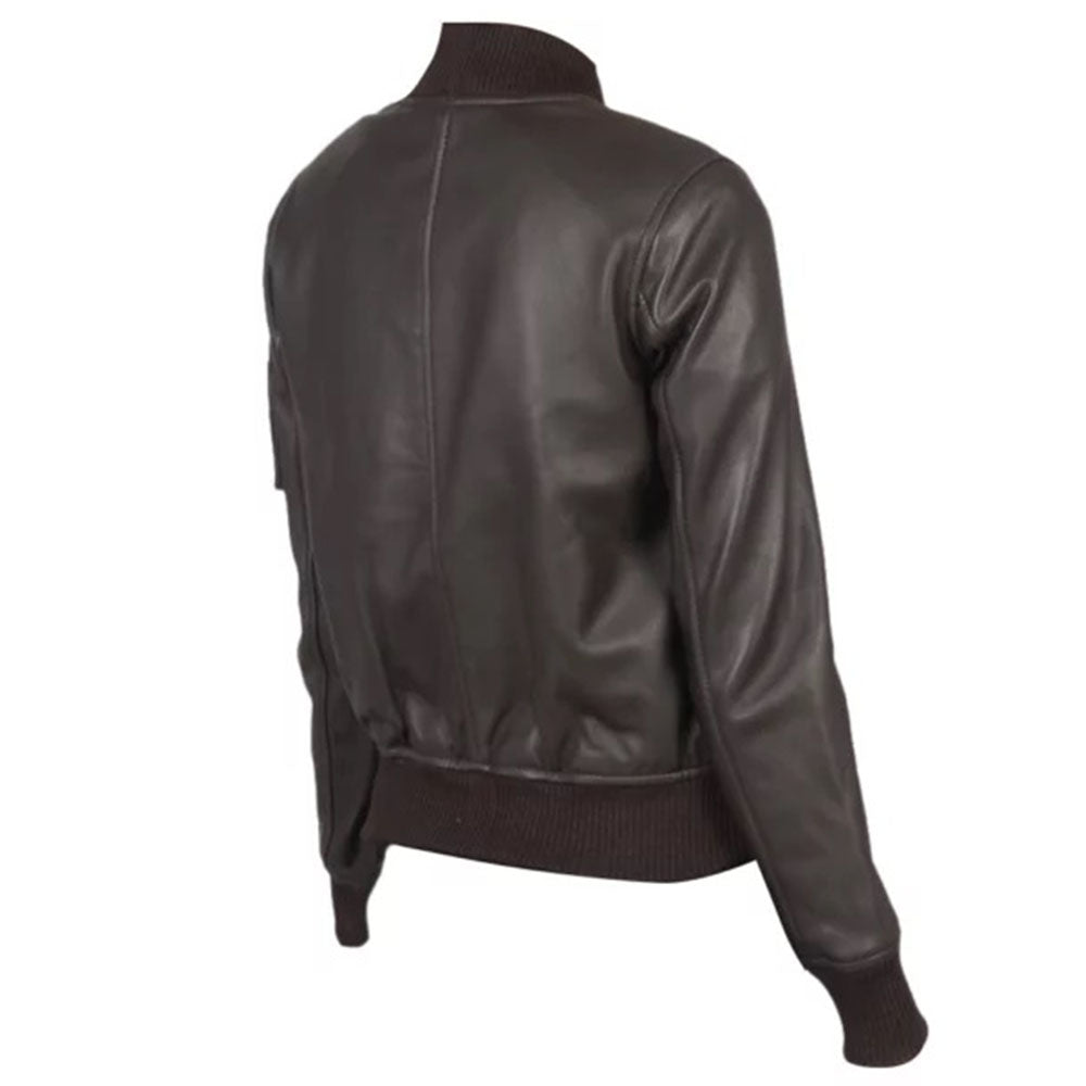 Women's Classy Bomber Biker Leather Jacket, Zip Front, Sleeve Pocket, YKK Zipper | Brown