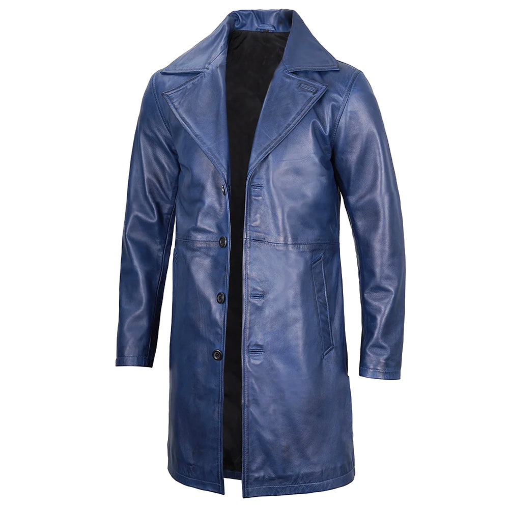 Men's 3/4 Length Trench Leather Coat | Navy Blue
