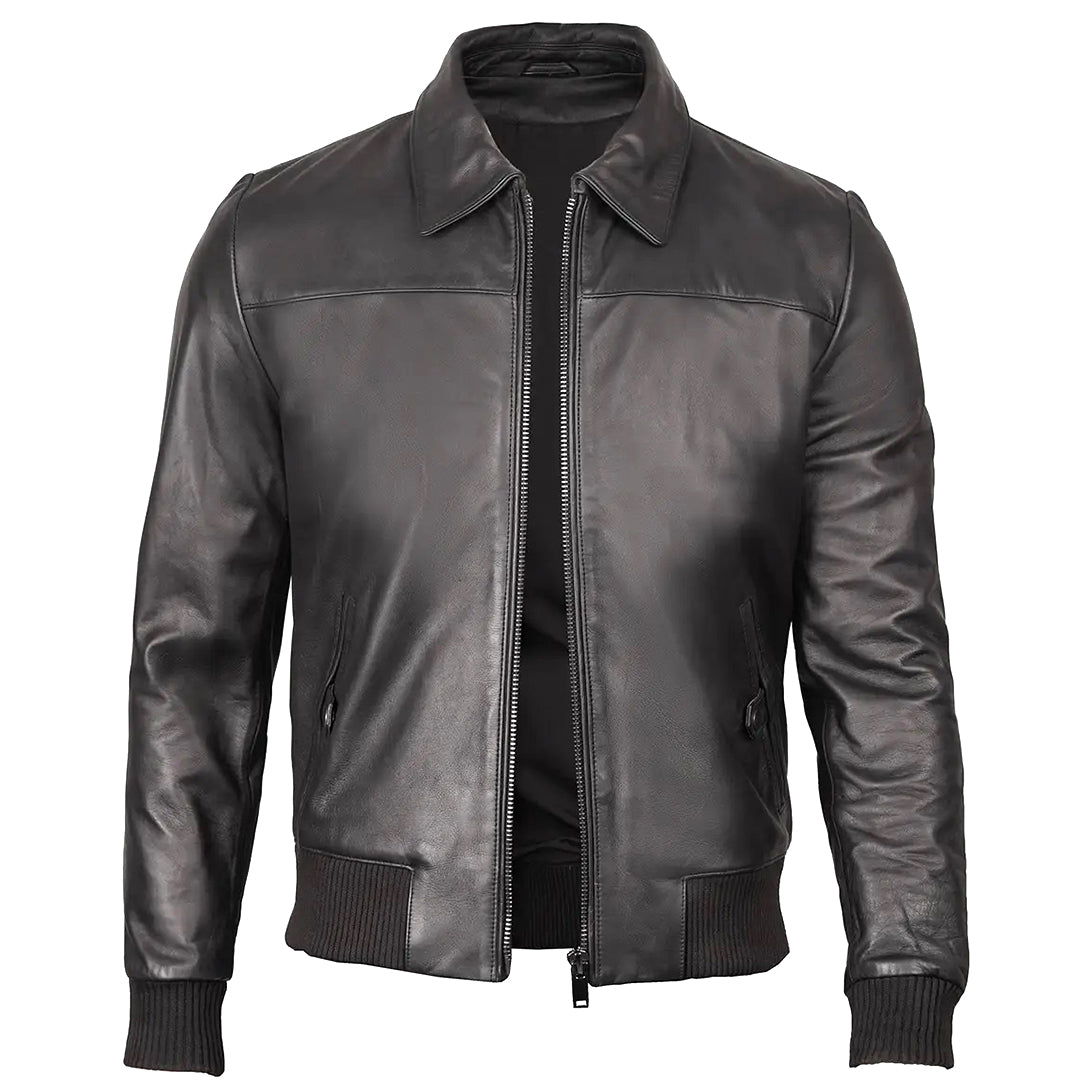 Men's Bomber Leather Jacket Ribbed Collar & Cuff | Black