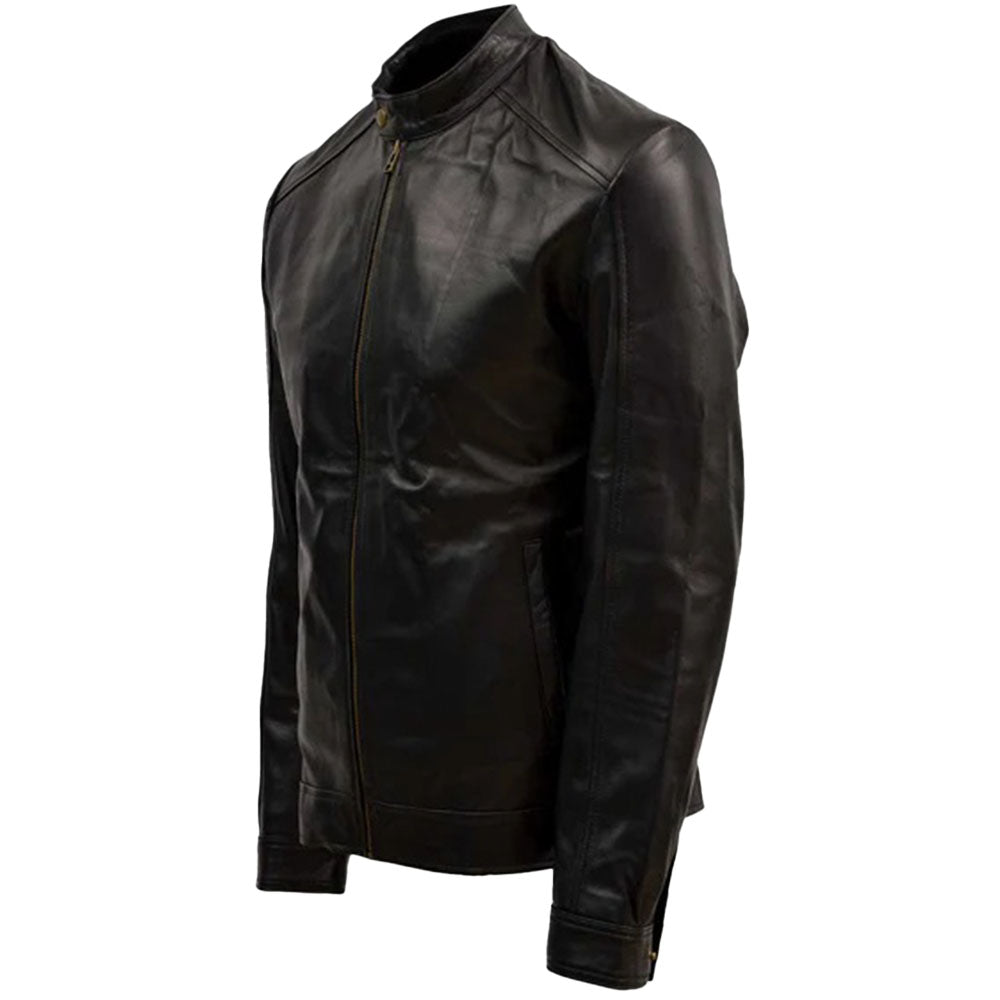 Men's Sheep Leather Moto Jacket with Stand Collar, Zip Closure | Black