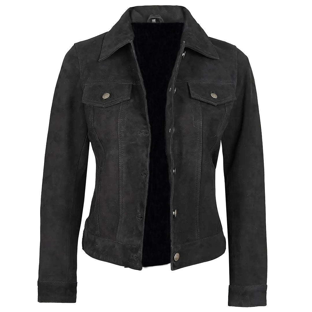 Women's Suede Trucker Leather Jacket | Black