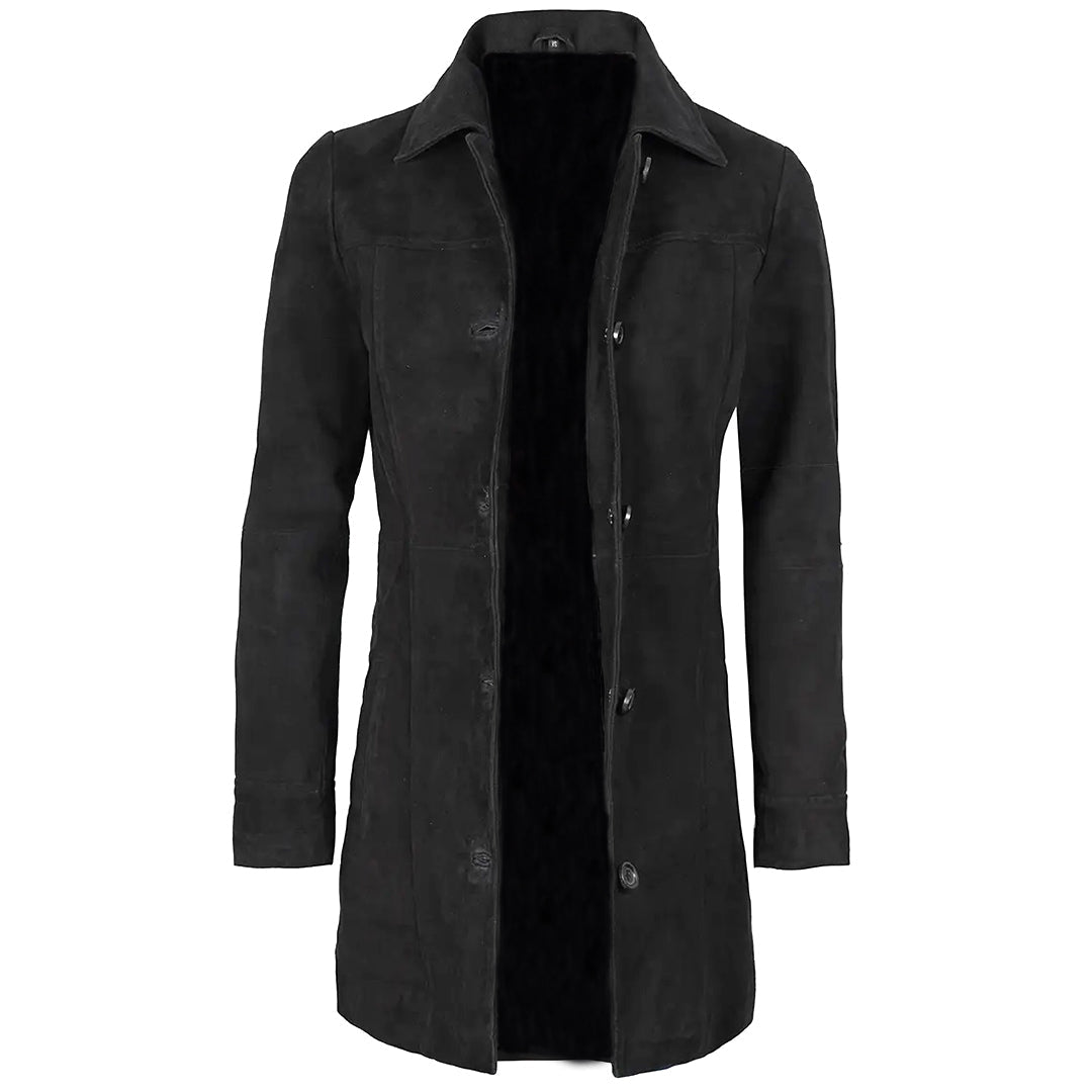 Women's Suede Leather Trench Coat Front Button | Black